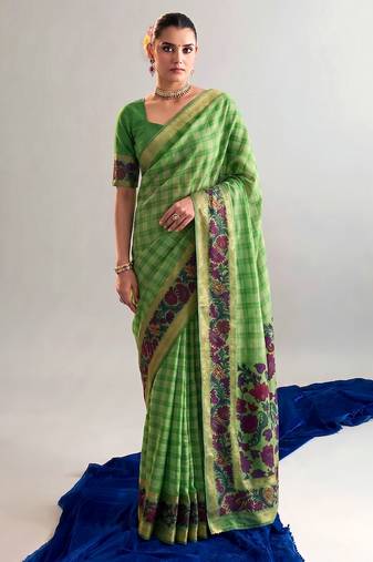 Checkered polyester viscose chanderi saree featuring vibrant printed motifs & traditional zari border