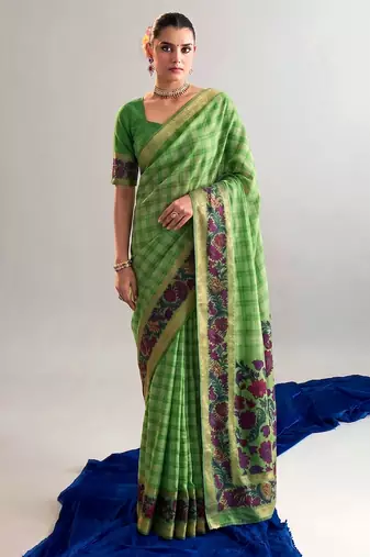 Checkered polyester viscose chanderi saree featuring vibrant printed motifs & traditional zari border