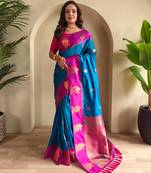 Teal art silk  woven saree