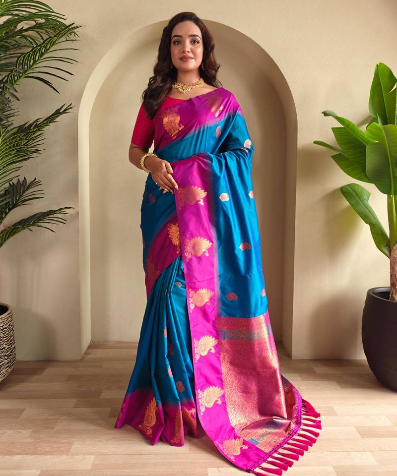 Teal art silk  woven saree