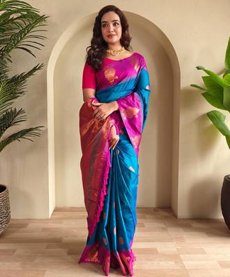 Teal art silk  woven saree 2