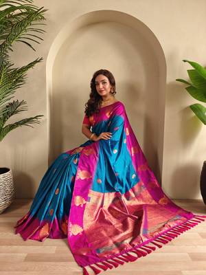 Teal art silk  woven saree 4