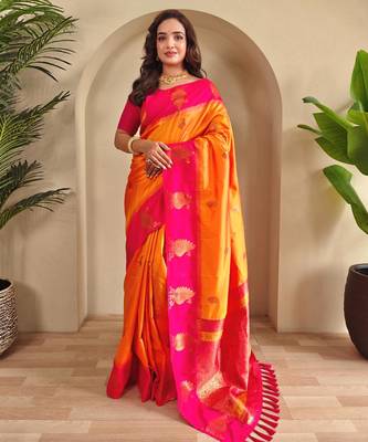 Yellow art silk  woven saree 1