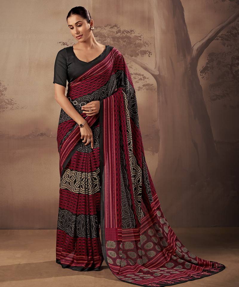 Geometric printed poly mulmul cotton saree for everyday elegance