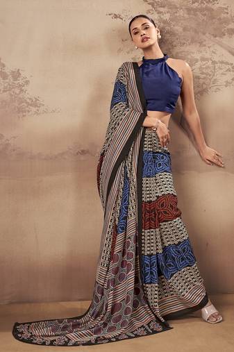 Geometric printed poly mulmul cotton saree for everyday elegance
