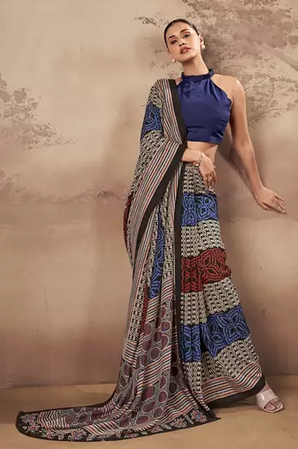 Geometric printed poly mulmul cotton saree for everyday elegance