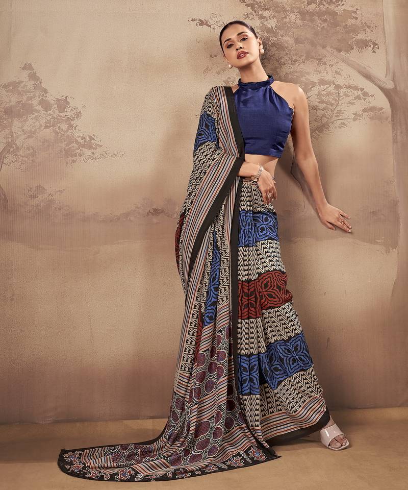 Geometric printed poly mulmul cotton saree for everyday elegance