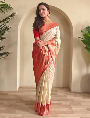 Cream art silk  woven saree 1