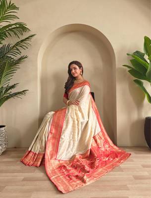 Cream art silk  woven saree 4