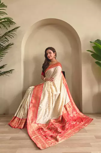 Cream art silk  woven saree