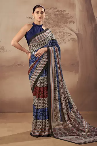 Geometric printed poly mulmul cotton saree for everyday elegance