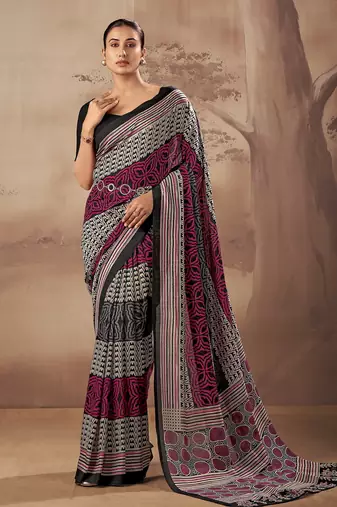 Geometric printed poly mulmul cotton saree for everyday elegance