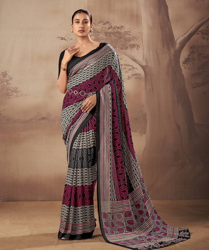 Geometric printed poly mulmul cotton saree for everyday elegance