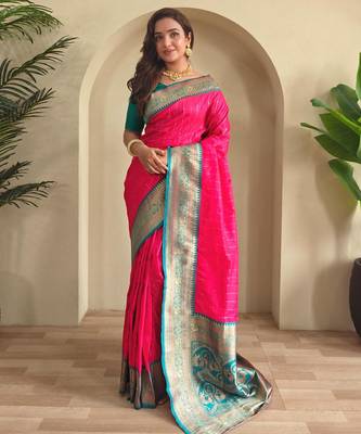 Hot pink art silk  woven saree 1