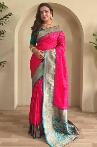 Hot pink art silk  woven saree