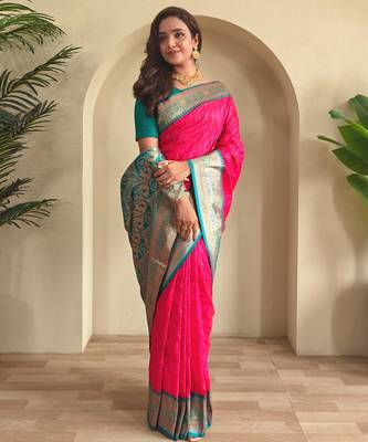 Hot pink art silk  woven saree 2