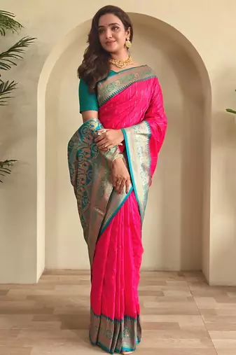 Hot pink art silk  woven saree