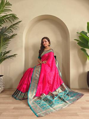Hot pink art silk  woven saree 4