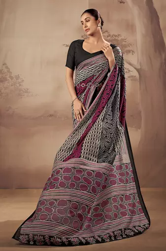 Geometric printed poly mulmul cotton saree for everyday elegance