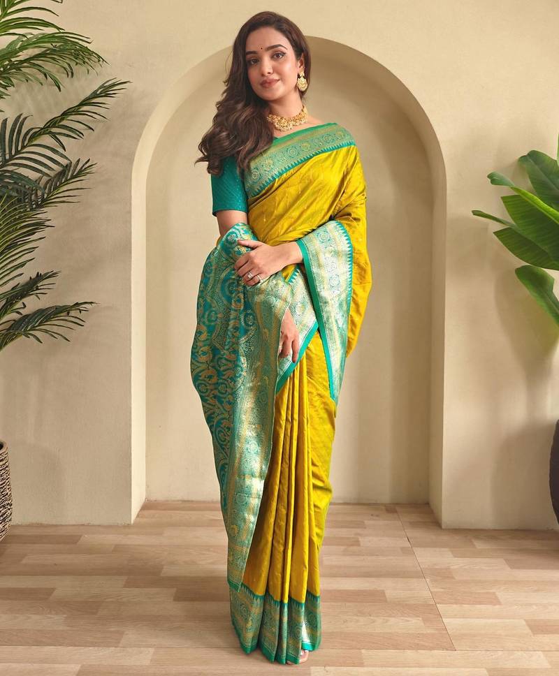 Lemon art silk  woven saree