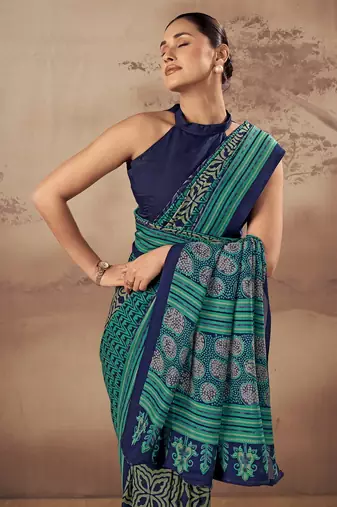 Geometric printed poly mulmul cotton saree for everyday elegance