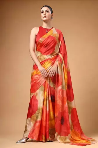 Satin silk  printed saree for festive wear