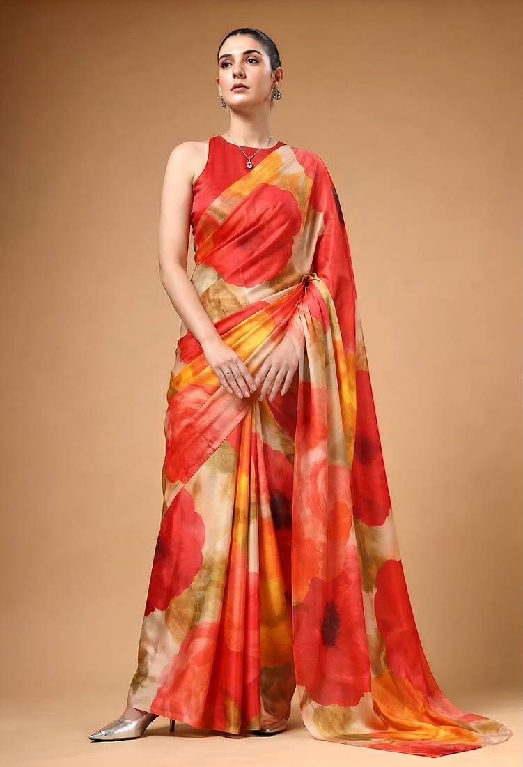 Satin silk  printed saree for festive wear