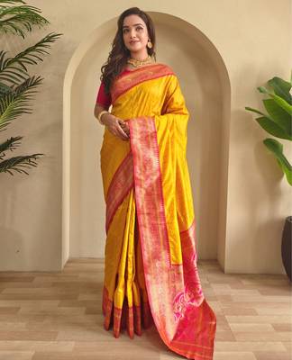 Yellow art silk  woven saree 1