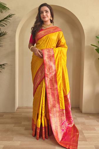 Yellow art silk  woven saree
