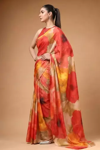 Satin silk  printed saree for festive wear