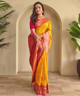 Yellow art silk  woven saree 2