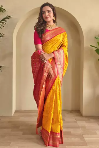 Yellow art silk  woven saree
