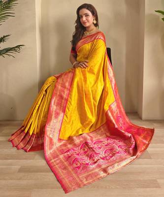 Yellow art silk  woven saree 4