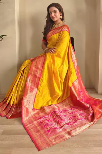 Yellow art silk  woven saree