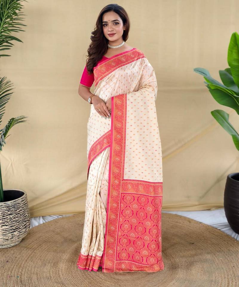 Cream art silk  woven saree