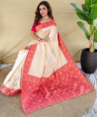 Cream art silk  woven saree 4