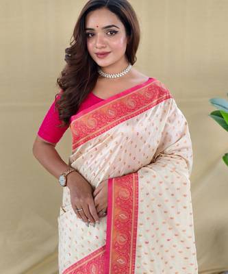 Cream art silk  woven saree 5
