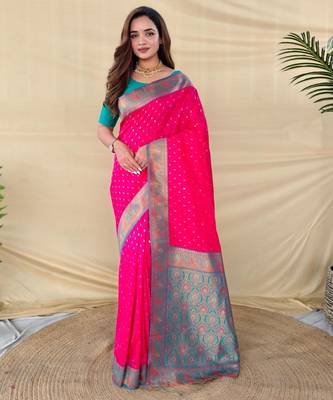 Hot pink art silk  woven saree 1