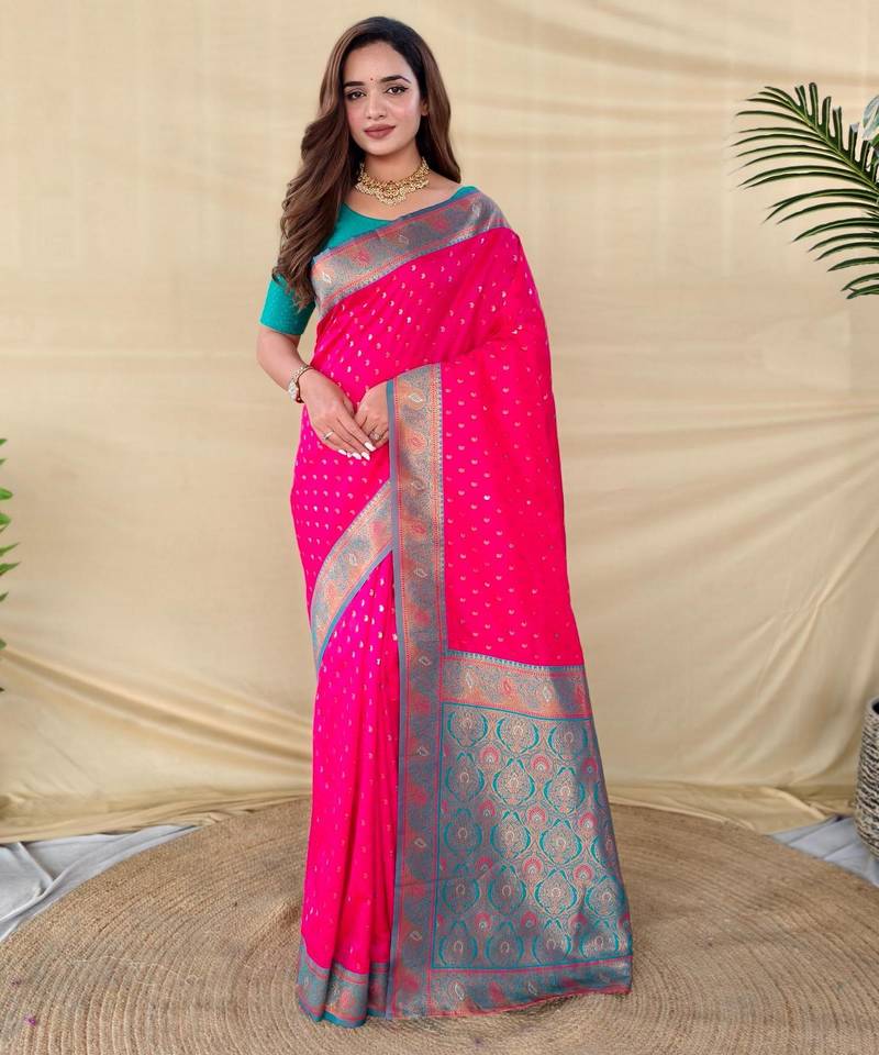 Hot pink art silk  woven saree