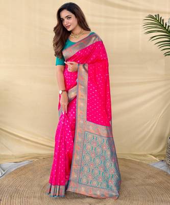 Hot pink art silk  woven saree 2