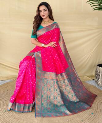 Hot pink art silk  woven saree 4