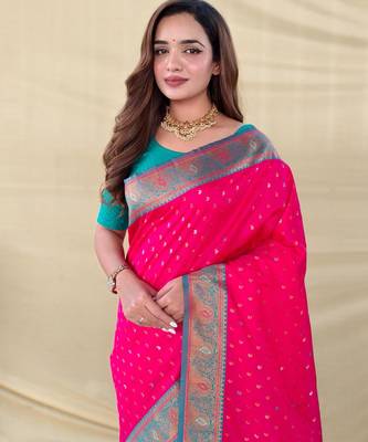 Hot pink art silk  woven saree 5
