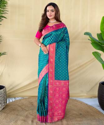 Teal art silk  woven saree 1