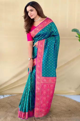 Teal art silk  woven saree