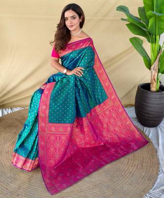 Teal art silk  woven saree 4