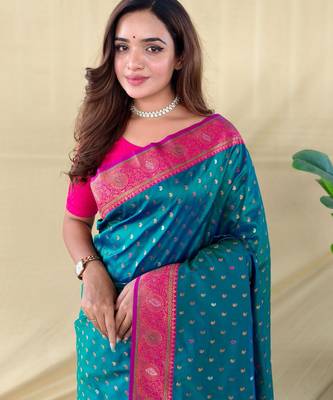 Teal art silk  woven saree 5