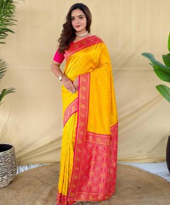 Yellow art silk  woven saree 1