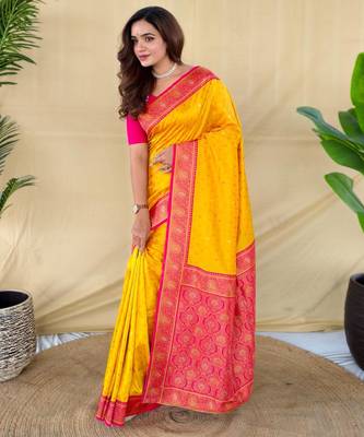 Yellow art silk  woven saree 2