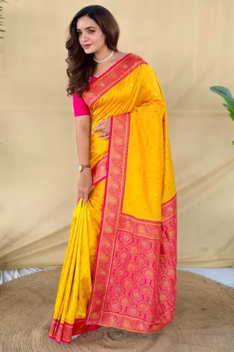 Yellow art silk  woven saree