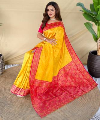 Yellow art silk  woven saree 4